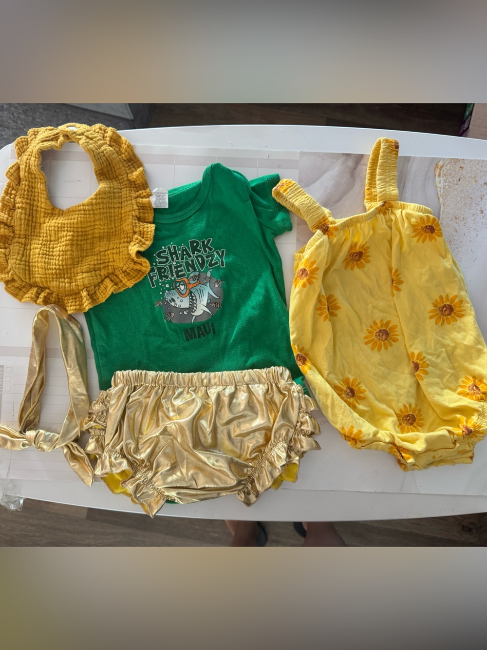 Old Navy Green Shark Graphic Onesie with Yellow Sunflower Romper & Gold Bloomers